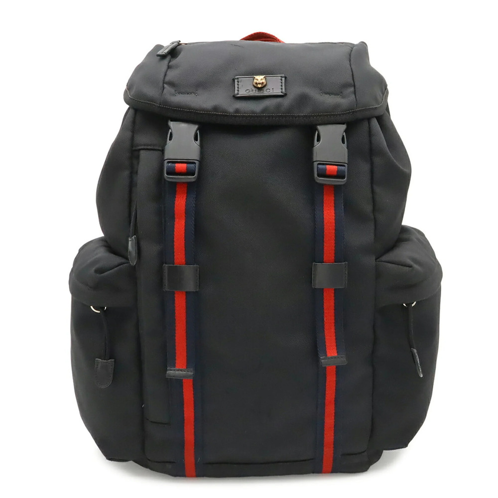 GUCCI Techno Canvas Web Line Sherry Cat Head Backpack Rucksack Leather Black ...